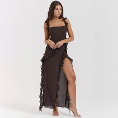 Black Ruffle Frill High Slit Beach Maxi Dress