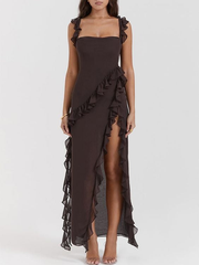 Black Ruffle Frill High Slit Beach Maxi Dress