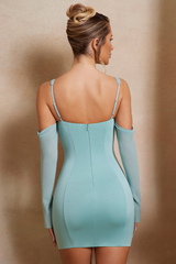 Mint Deep V Spaghetti Strap Cold Shoulder Bell Sleeves Mini Dress