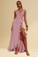 Aurora Bloom - Pink Ruffled Long Maxi Dress with a Slit