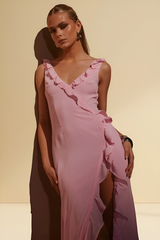 Aurora Bloom - Pink Ruffled Long Maxi Dress with a Slit