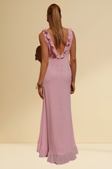 Aurora Bloom - Pink Ruffled Long Maxi Dress with a Slit