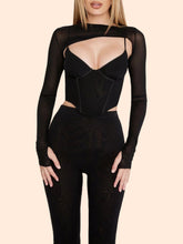 Coya Full Sleeves Mesh V Neck Corset Top