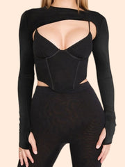 Coya Full Sleeves Mesh V Neck Corset Top