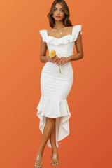 Asymmetric White Camilla Frill Dress