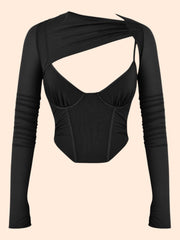 Coya Full Sleeves Mesh V Neck Corset Top