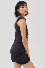 Heartwait Elegant Sleeveless Ruffled Black Mini Dress