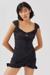 Heartwait Elegant Sleeveless Ruffled Black Mini Dress