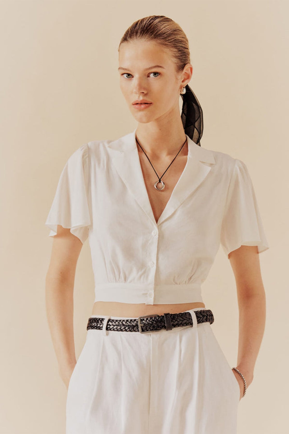 Aster White Lapel Collar Crop Top