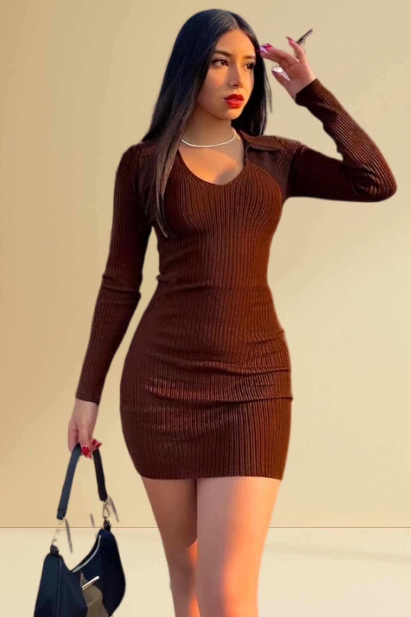 Brown Ribbed Full Sleeves Collar T-shirt Dress