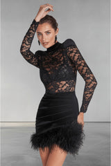 Lace & Velvet See Through Feather Short Dress