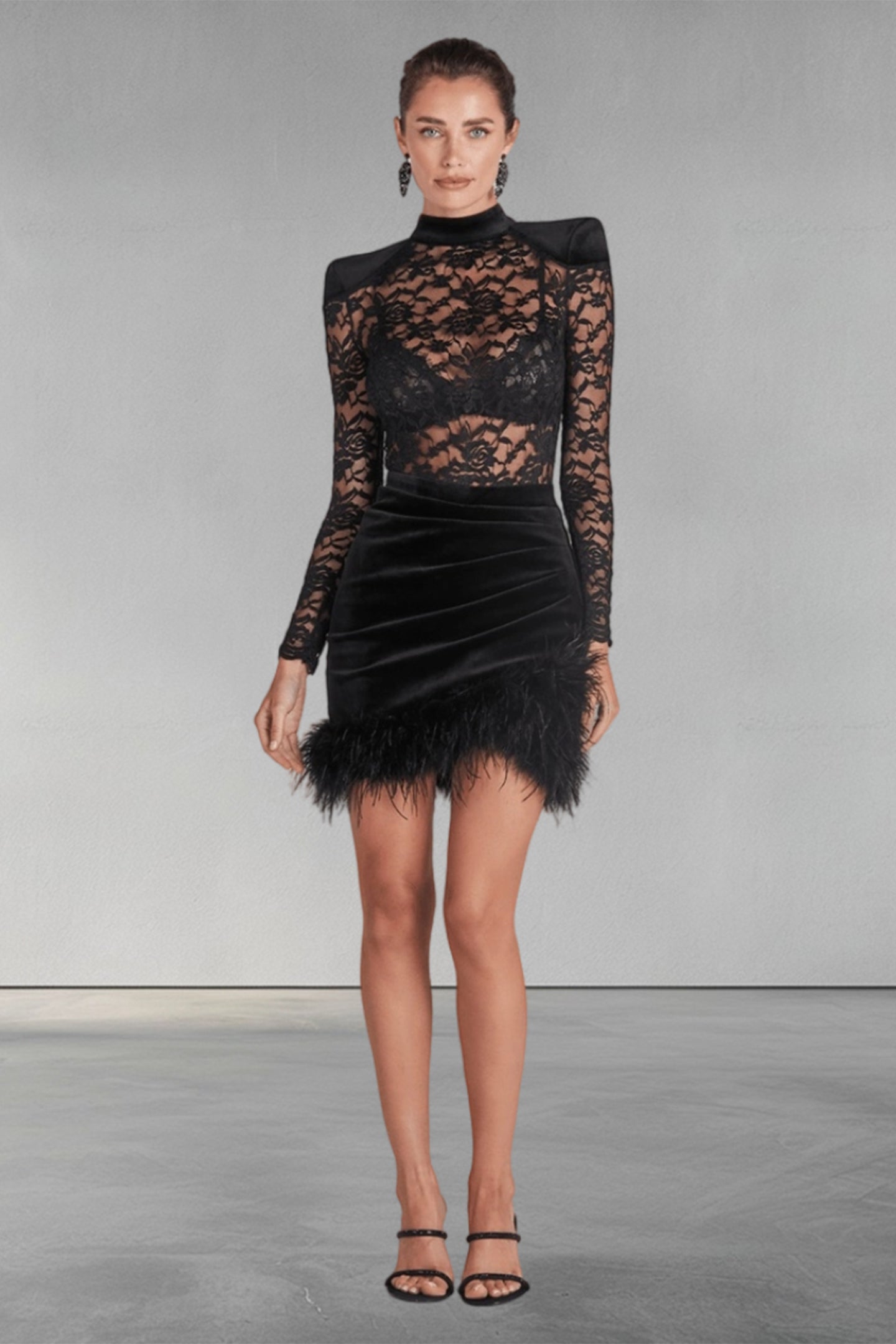 Lace & Velvet See Through Feather Short Dress