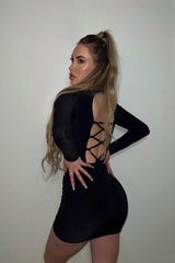 Vanessa Black Crew Neck Backless Lace up Dress