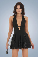 Black Halterneck Backless Sequin Mini Dress