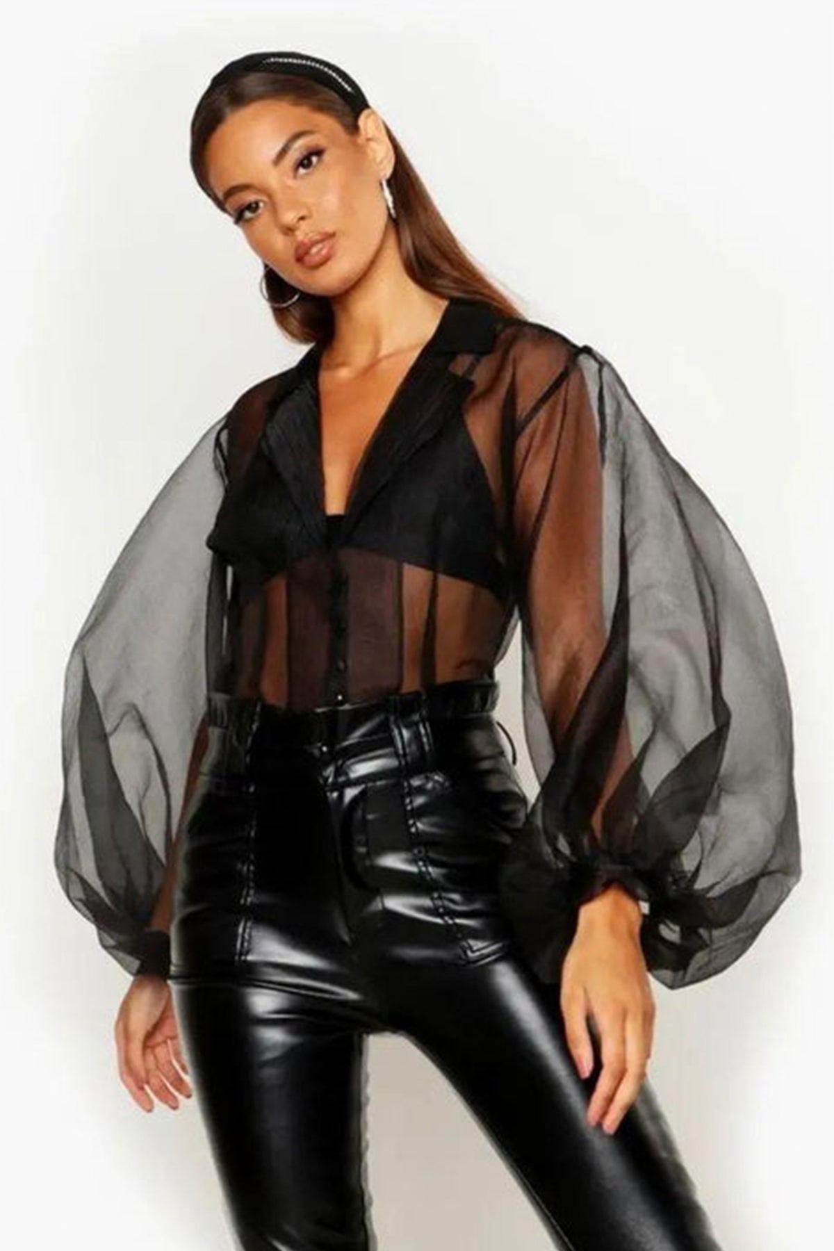 Dahilia Luxe Bralette Top with See Through Lantern Sleeves Shirt