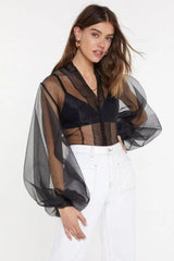 Dahilia Luxe Bralette Top with See Through Lantern Sleeves Shirt