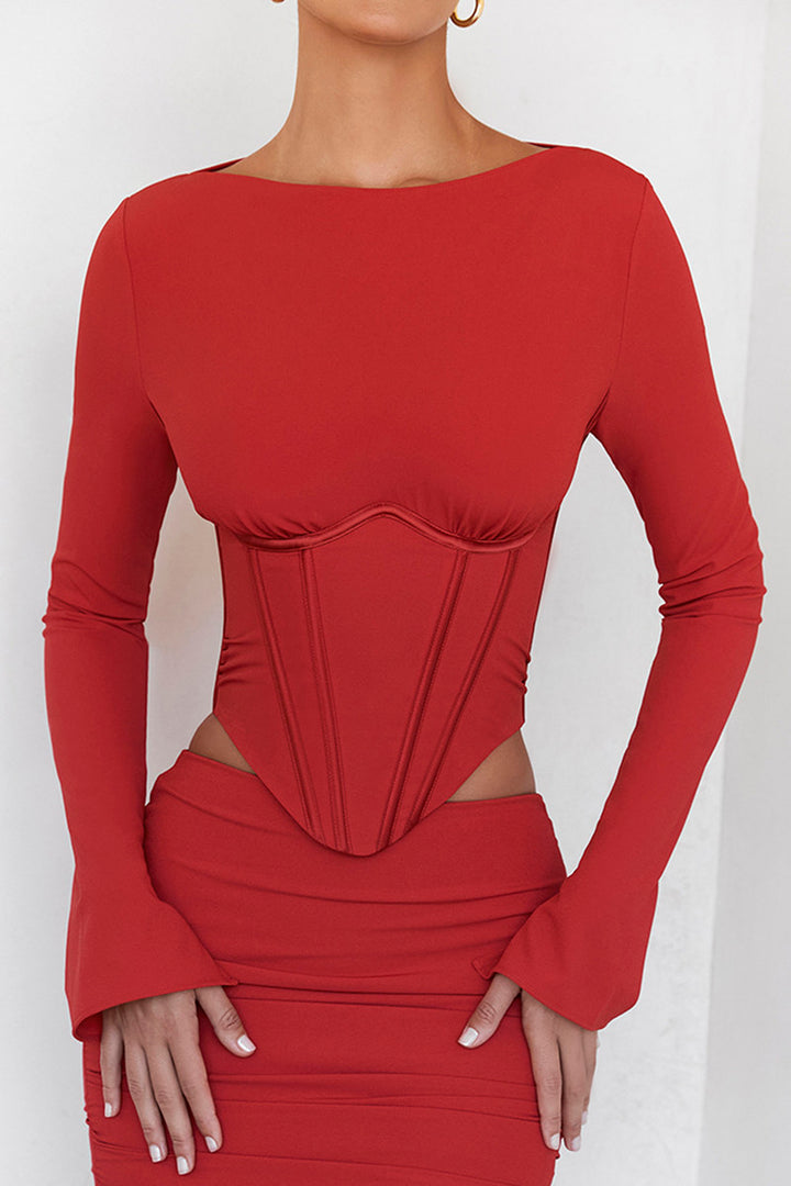 Parota Red Full Sleeves Backless Top with Ruched Midi Skrit Co-ord Set