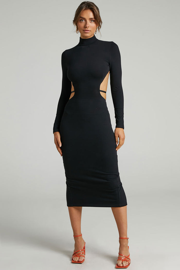 Black High Neck Backless Midi Dress