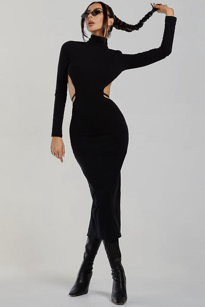 Black High Neck Backless Midi Dress