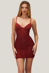 Cassey Luxe Spaghetti Strap Deep Neck Mesh Short Dress